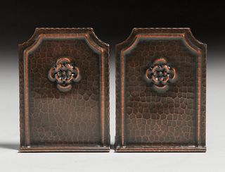 Roycroft Hammered Copper Medallion Repousse Bookends c1920s