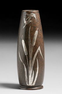 Silvercrest #1051 Swans & Cattails Sterling on Bronze Overlay Vase c1920