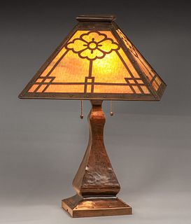 Limbert Hammered Copper & Slag Glass Lamp c1910