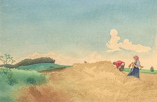 Leo Frank (1884-1959) Color Woodcut Grain Harvest "Kornernte" c1920