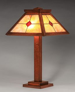Arts & Crafts Oak & Leaded Glass Lamp c1910