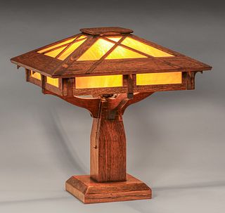 Peterson Art Furniture Co – Faribault, MN Oak & Slag Glass Lamp c1910