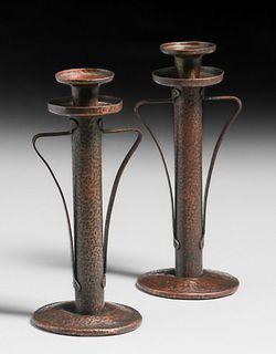 Onondaga Metal Shops Hammered Copper Two-Handled Candlesticks c1905