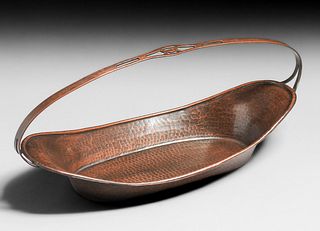 Minneapolis Arts & Crafts Hammered Copper Cutout One-Handled Basket Bowl c1920s