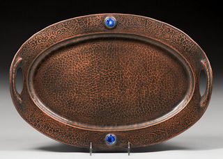 English Arts & Crafts Hammered Copper & Ruskin Enamel Tray c1900s