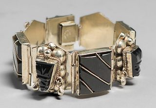 Taxco Mexican Sterling Silver & Black Onyx Bracelet xc1930s