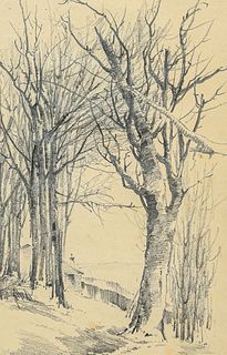 Albert Valentien (1862-1925) Pencil Drawing "Winter's Day" 1891.