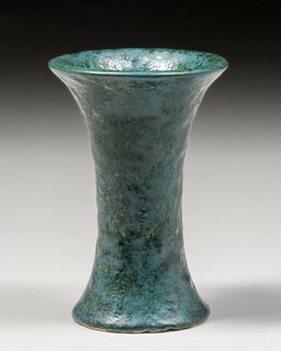 Arts & Crafts Period Semi Matte Green Corseted Vase c1920