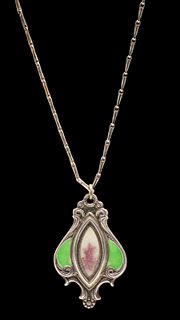 English Arts & Crafts Silver & Enamel Pendant Necklace c1905