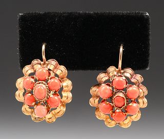 Arts & Crafts Period 14k Gold & Coral Earrings c1920