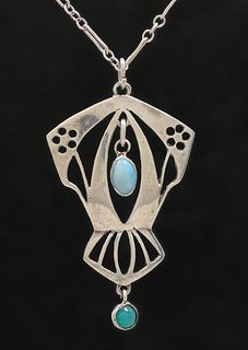 Chicago Arts & Crafts Cutout Sterling Silver, Opal & Chrysoprase Pendant Necklace c1905