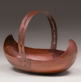 Dirk van Erp Hammered Copper Cutout One-Handled Flower Basket c1915-1920