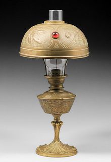 Aesthetic Movement Hammered Brass & Glass Cabochon Kerosene Lamp c1890s