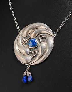 Chicago Handwrought Sterling Silver & Lapis Pendant Necklace c1905