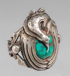 Arts & Crafts Period Sterling Silver & Turquoise Peacock Ring c1910