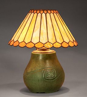 Hampshire Pottery Matte Green Leaded Glass Lamp c1905