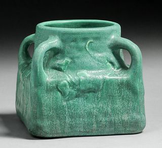 Cambridge Art Pottery Matte Green Four-Handled Vase c1910