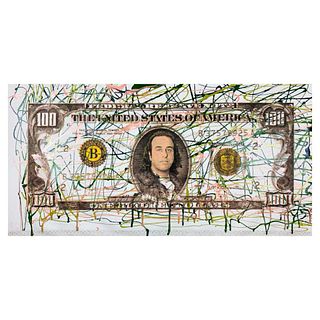 Steve Kaufman (1960-2010) "Kaufman $100" Hand Signed Limited Edition Hand Pulled silkscreen Mixed Media on Canvas with LOA.