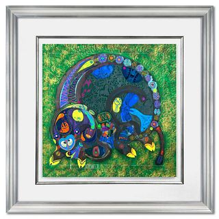 Lu Hong, "Chinese Zodiac - Wood Pig" Framed Original Mixed Media Painting, Hand Signed with Letter of Authenticity.