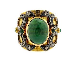 Gold Emerald Cabochon Diamond Ring