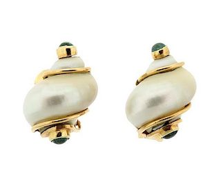 Seaman Schepps 14k Gold Turbo Shell Emerald Earrings
