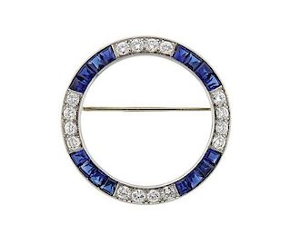 Platinum Diamond Sapphire Circle Brooch