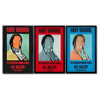 Andy Warhol (1928-1987), "The American Indian Series 3 Piece Set (Black, Red & Blue)" Framed Vintage Posters (33" x 51") from Ace Gallery with Letter 