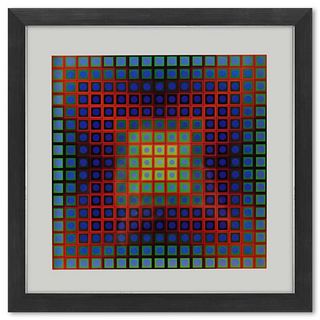 Victor Vasarely (1908-1997), "Kezdi de la sÃ©rie Folklore Planetaire" Framed 1971 Heliogravure Print with Letter of Authenticity