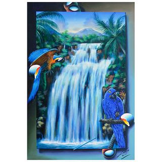 Ferjo, "Brazilian Waterfall" Original Painting on Canvas, Hand Signed with Letter of Authenticity.