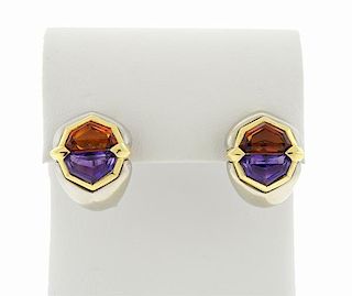 18K Gold Purple Orange Stone Earrings