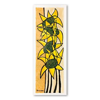 Ben Simhon, "Sunflower Trio" Hand Signed Limited Edition Serigraph on Paper with Letter of Authenticity.