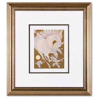 Guillaume Azoulay, "Etude Quatre Grues" Framed Original Hand Colored Drawing with Hand Laid Gold Leaf, Hand Signed with Letter of Authenticity