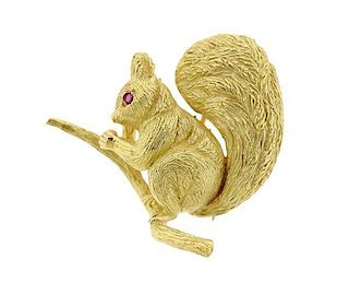 Hermes 18K Gold Red Stone Squirrel Brooch Pin