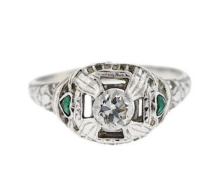 Art Deco 18K Gold Diamond Green Stone Ring