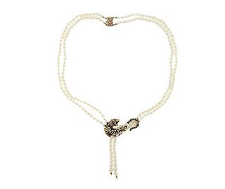 14k Gold Diamond Pearl Tiger Necklace