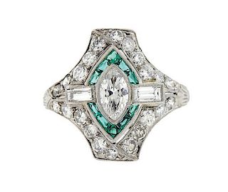 Art Deco Platinum Diamond Emerald  Ring