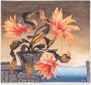 Hugo Noske (Austrian 1886-1960) Color Woodcut Flowering Potted Cactus at Lakeside c1920s/30s