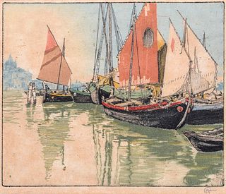 Hans Figura (Austrian 1898-1978) Color Woodcut "Boats on the Grand Canal Venice" c1920s