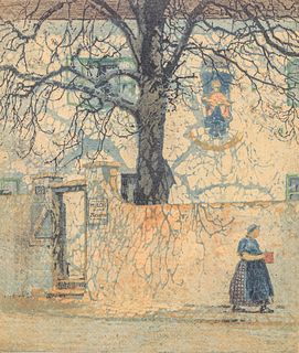 Luigi Kasimir (Austrian 1881-1956) Colored Etching "The Milk Maid In Penzing" c1910s