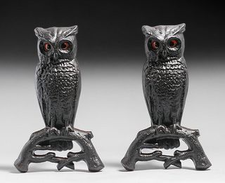 Pair Arts & Crafts Owl Cast Iron Andirons c1920s