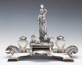 A FINE LARGE SILVER PLATED FIGURAL INK STAND C. 1890