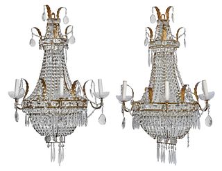 Pair of Gilt Metal and Crystal Mirrored Wall Sconces