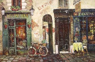 SIGNED OIL ON CANVAS PAINTING FRENCH CAFE STREET SCENE, 24" X 36"