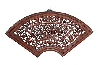 CHINESE CARVED HARDWOOD FAN-SHAPED PANEL