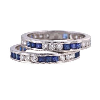 Platinum Diamond Sapphire Eternity Wedding Band Ring Set