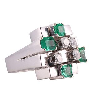 1970s Modernist 14k Gold Diamond Emerald Ring