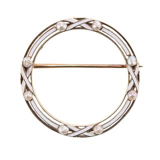 Antique 14k Gold Pearl Enamel Circle Brooch Pin