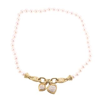 Judith Ripka 18k Gold Diamond Pearl Heart Charm Pendant Necklace