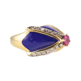 Vintage 18k Gold Enamel Burma Ruby Diamond Dome Ring