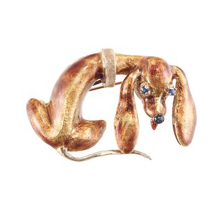 1960s 14k Gold Sapphire Enamel Dachshund Dog Brooch Pin